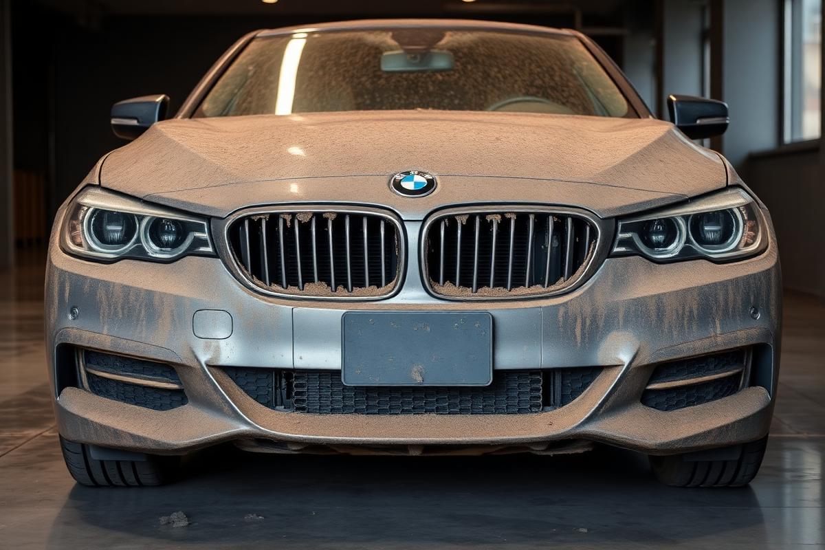 Dust and grime covered sedan before professional car wash Doha — Dosh Wash