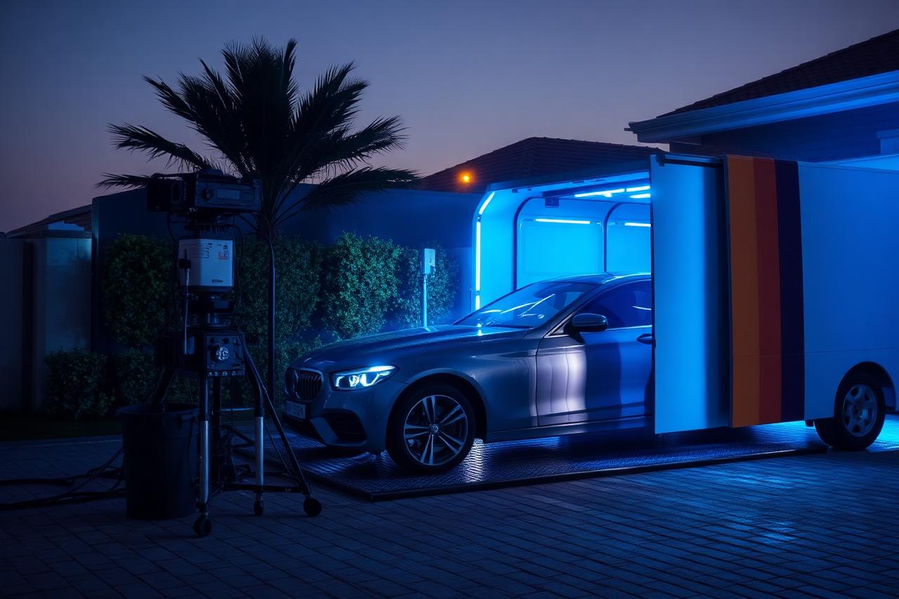Mobile car wash unit servicing a car in a Doha driveway at dusk — mobile car wash Qatar, Dosh Wash