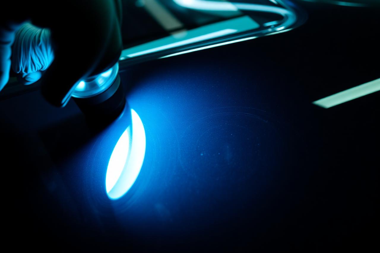 Inspection light revealing swirl marks on dark car paint — paint correction Qatar, Dosh Wash