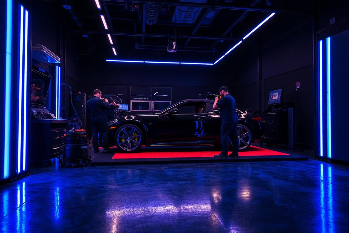 Dosh Wash premium car detailing facility in Qatar with technicians polishing a luxury car under cyan studio lighting